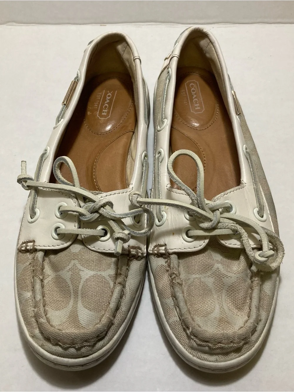 Coach Richelle Signature Canvas Boat Shoes Loafers Cream Women Size 7 Preppy